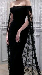 Black Noble And Elegant Mermaid Slim Lace Cape Elegant Long Floor-Length Trailing Ball Gown Classy Evening Dress Party Dress