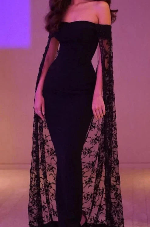 Black Noble And Elegant Mermaid Slim Lace Cape Elegant Long Floor-Length Trailing Ball Gown Classy Evening Dress Party Dress