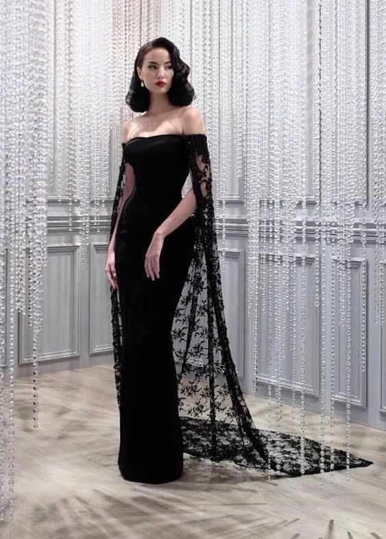 Black Noble And Elegant Mermaid Slim Lace Cape Elegant Long Floor-Length Trailing Ball Gown Classy Evening Dress Party Dress