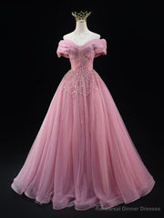 Sexy Pink Tulle Off the Shoulder Pleats Beading Prom Dress