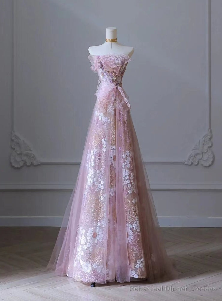 Sexy Pink Tulle Sequins Strapless Prom Dress Main image