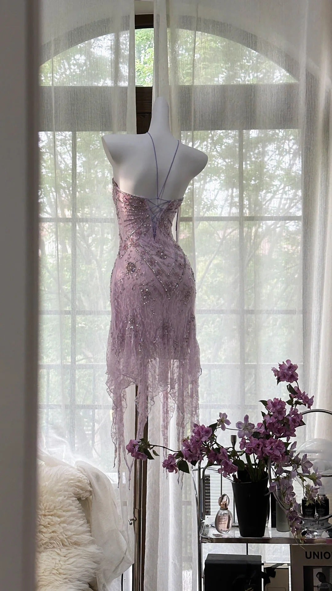 Sexy Purple Lace Tube Top Beaded Earrings Curled Skirt Classy Prom Dress