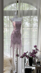 Sexy Purple Lace Tube Top Beaded Earrings Curled Skirt Classy Prom Dress