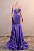 Sexy Purple Mermaid Prom Dresses Heavily Beading Women Evening Dresses Halter Neck