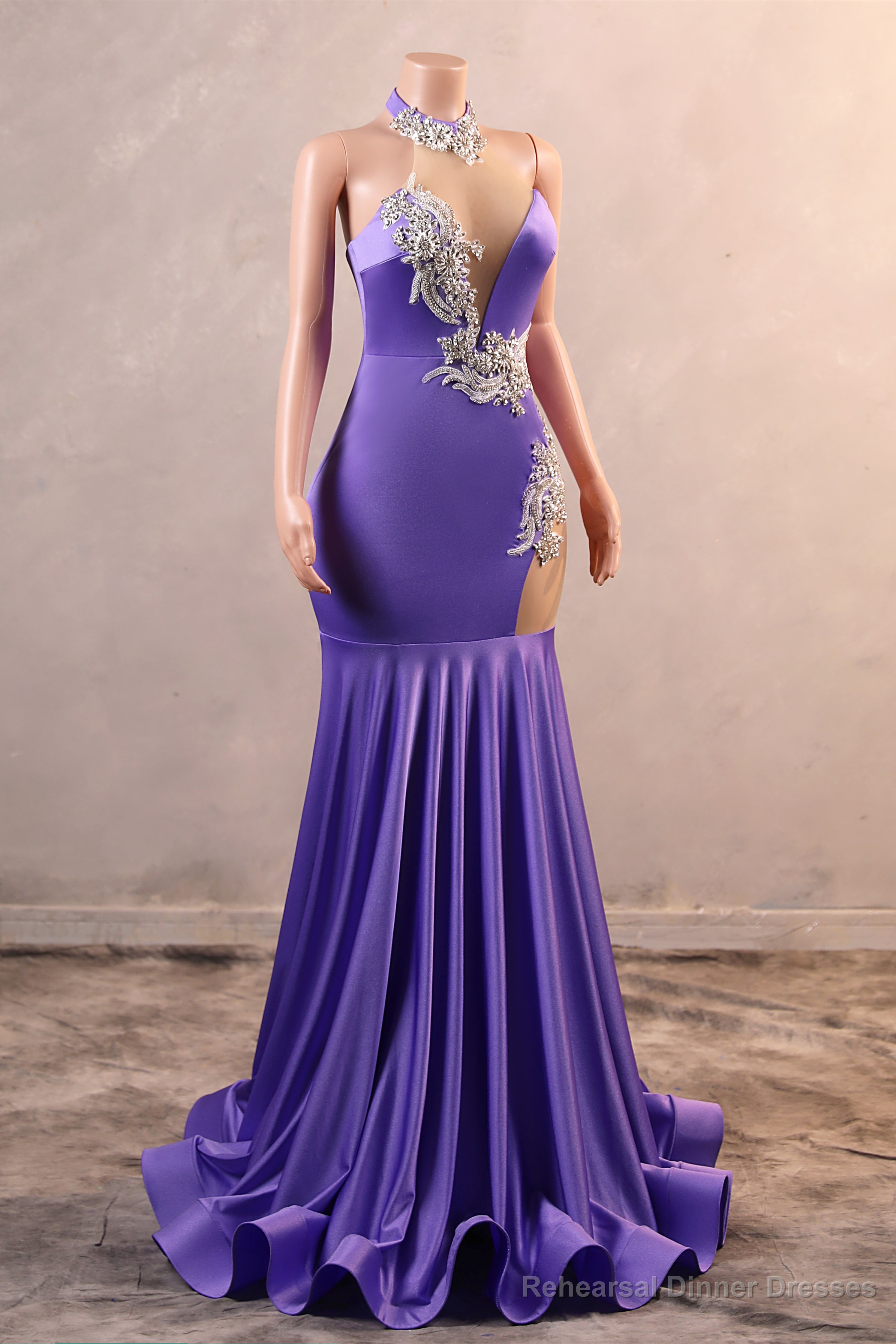 Sexy Purple Mermaid Prom Dresses Heavily Beading Women Evening Dresses Halter Neck