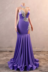 Sexy Purple Mermaid Prom Dresses Heavily Beading Women Evening Dresses Halter Neck