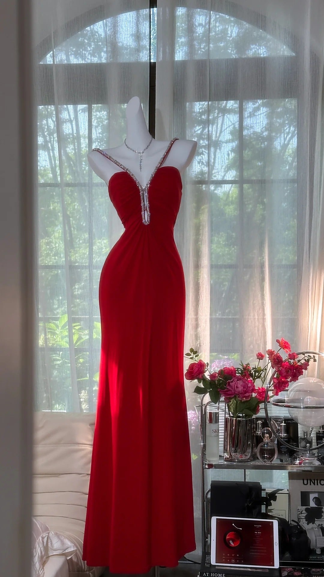 Sexy Red Halter Neck Beaded Backless Chiffon Classy Prom Dress Secondary image