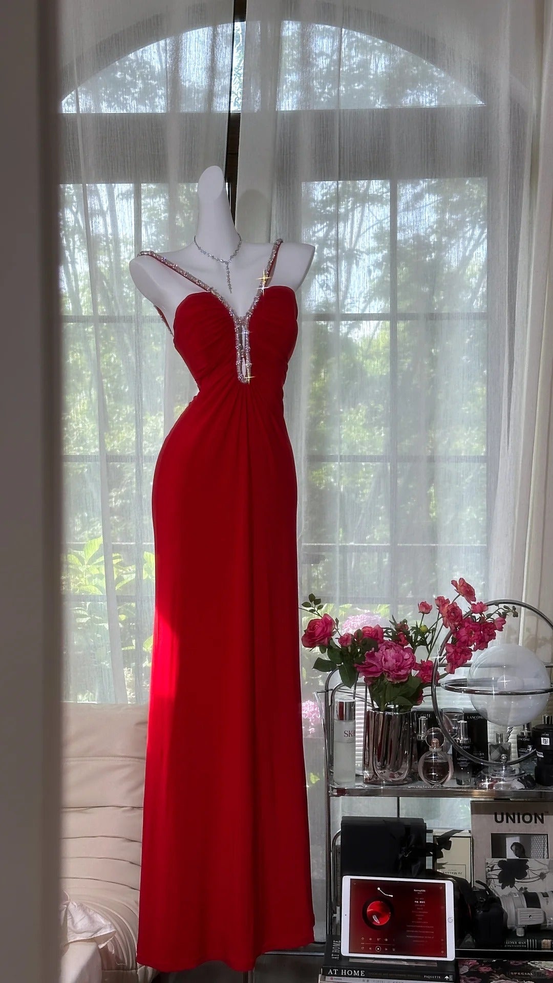 Sexy Red Halter Neck Beaded Backless Chiffon Classy Prom Dress
