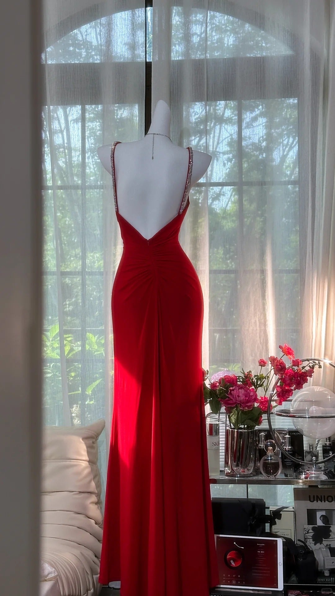 Sexy Red Halter Neck Beaded Backless Chiffon Classy Prom Dress
