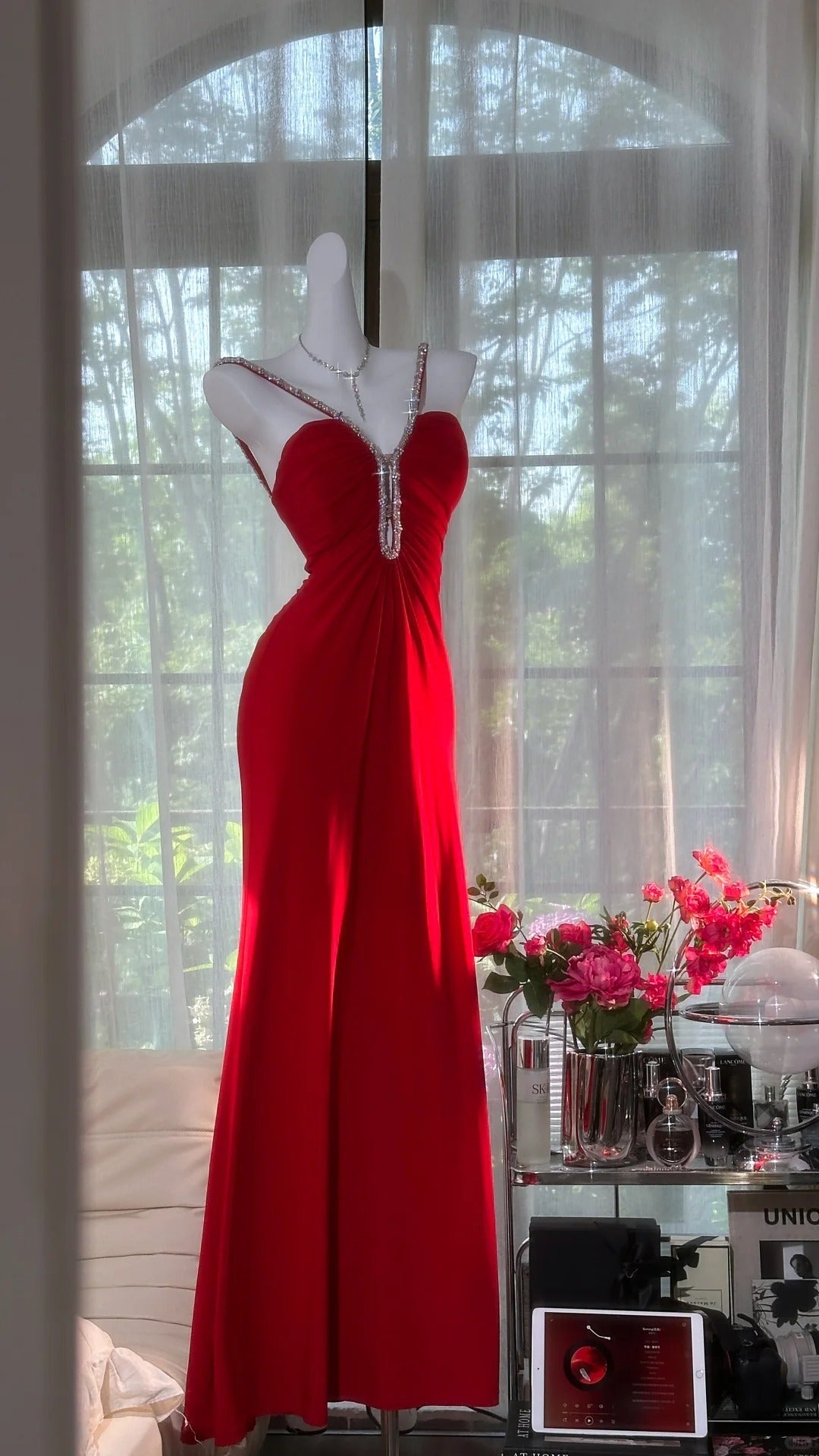Sexy Red Halter Neck Beaded Backless Chiffon Classy Prom Dress