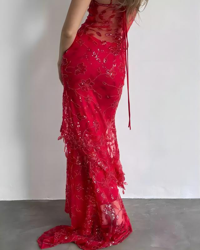 Sexy Red Lace Sequin Long Classy Evening Classy Prom Dress