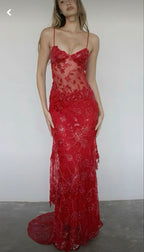 Sexy Red Lace Sequin Long Classy Evening Classy Prom Dress