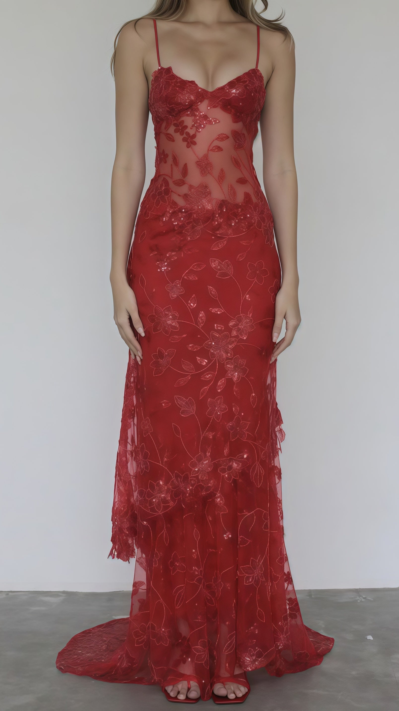 Sexy Red Lace Sequin Long Classy Evening Classy Prom Dress