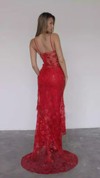 Sexy Red Lace Sequin Long Classy Evening Classy Prom Dress
