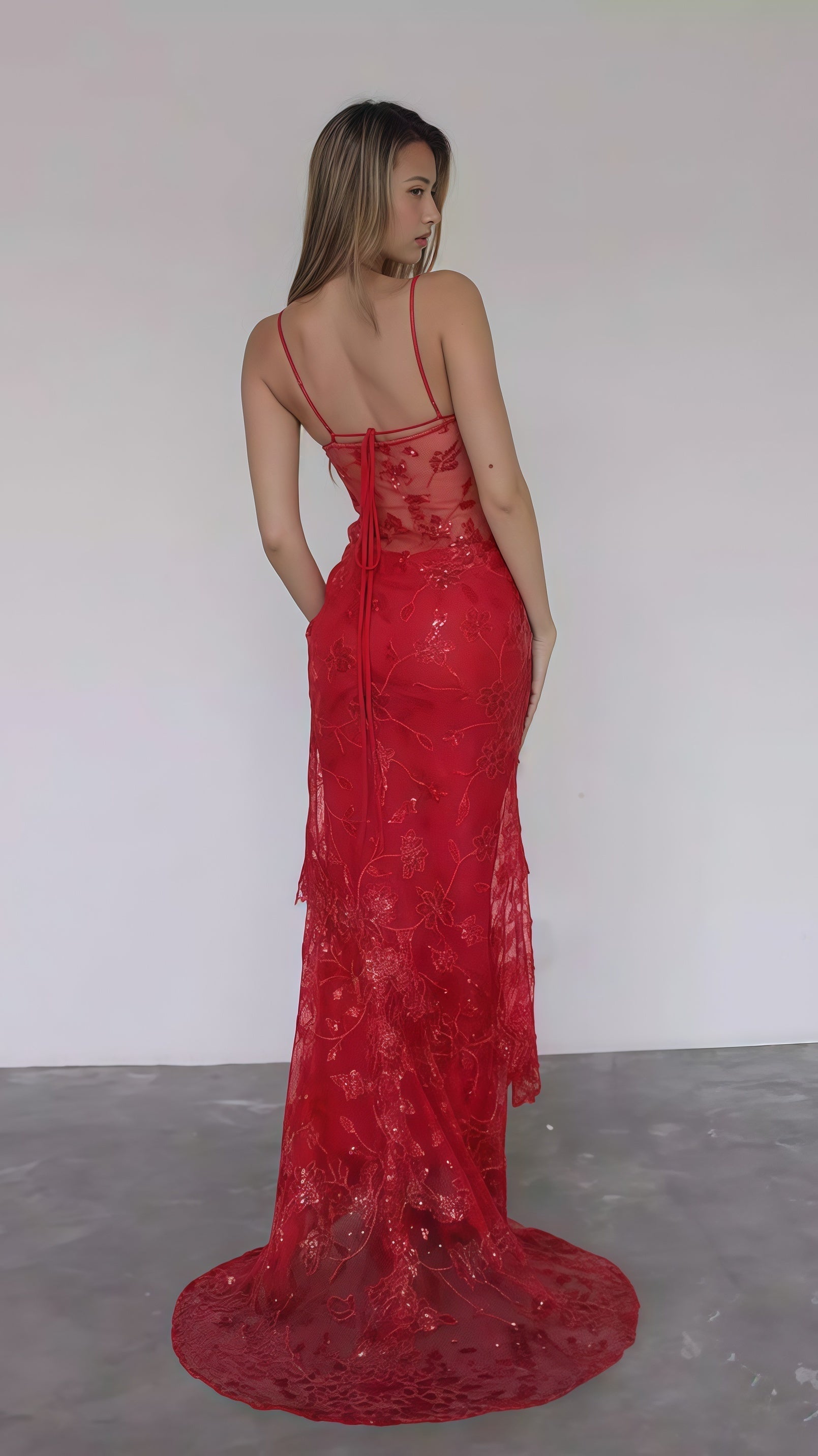 Sexy Red Lace Sequin Long Classy Evening Classy Prom Dress