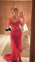 Sexy Red Lace Sequin Long Classy Evening Classy Prom Dress