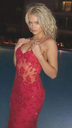 Sexy Red Lace Sequin Long Classy Evening Classy Prom Dress