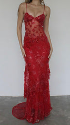 Sexy Red Lace Sequin Long Classy Evening Classy Prom Dress