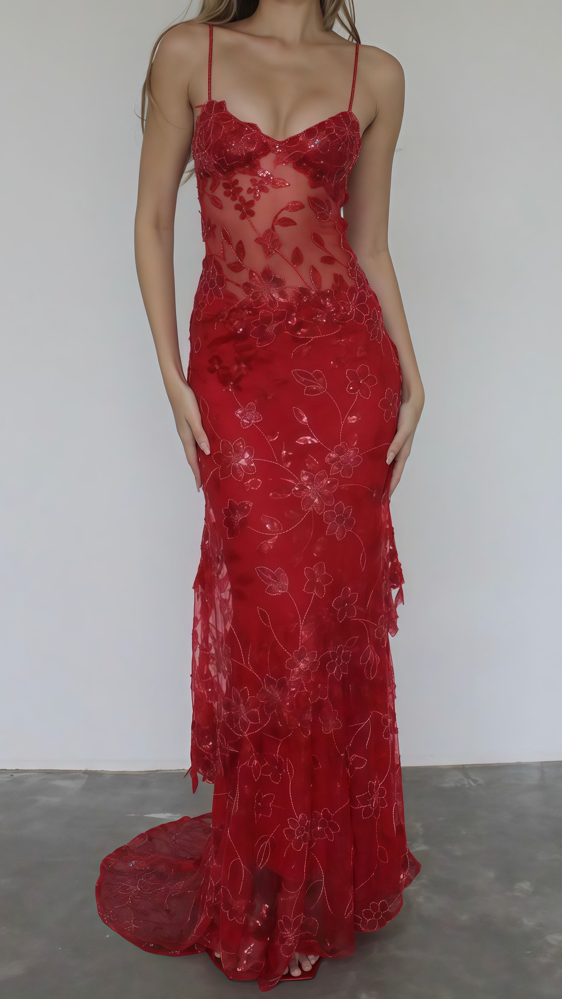 Sexy Red Lace Sequin Long Classy Evening Classy Prom Dress