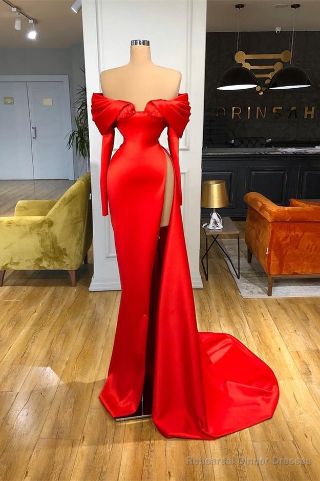 Sexy Red Long Sleeves Mermaid Prom Dress Off-the-Shoulder With Slit Main image