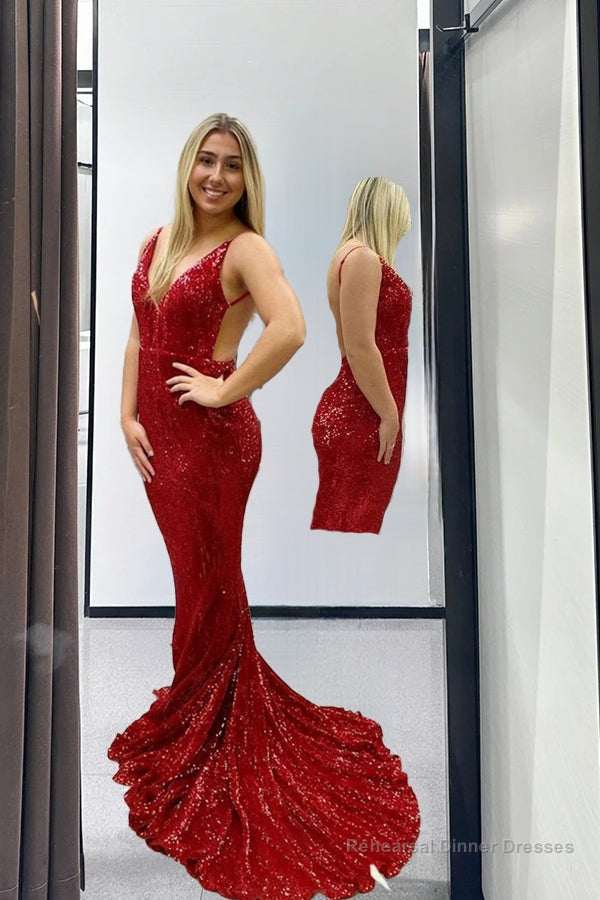 Sexy Red Mermaid Sequin Backless Long Party Prom Dresses Secondary image