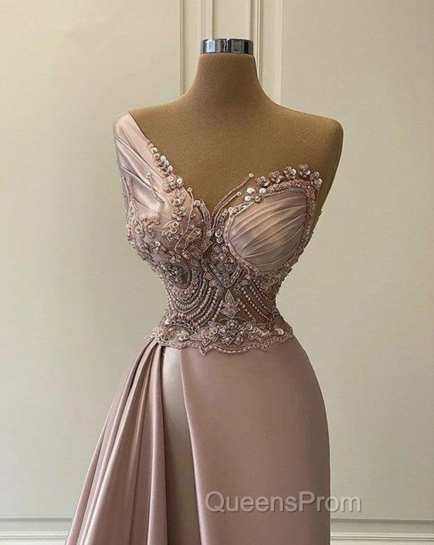 Sexy Robe De Soiree A-Line One-Shoulder Floor Length Beaded Slit Long Evening Prom Dress Evening Prom Gown Evening Dress