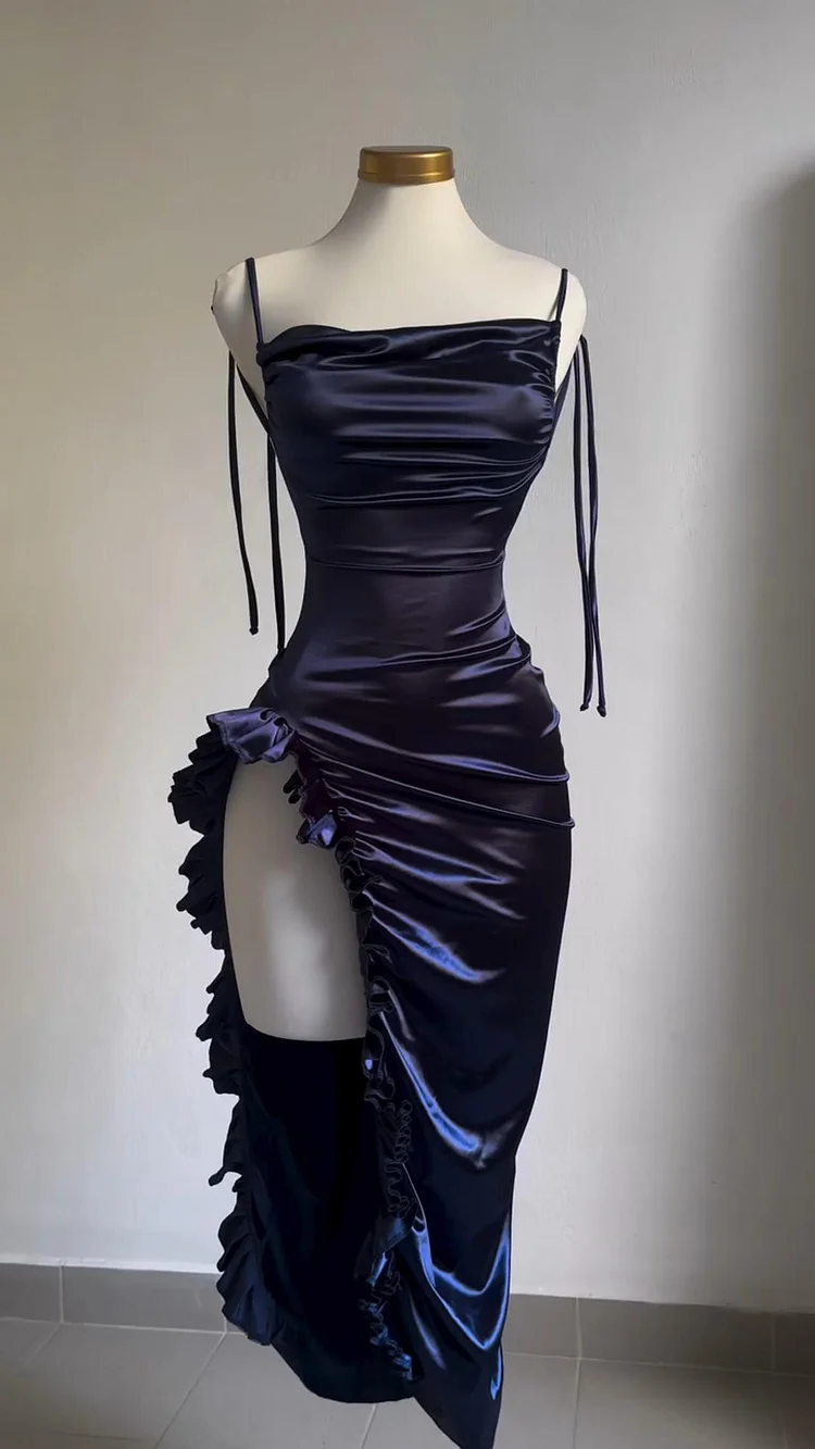 Sexy Sheath Column Spaghetti Straps Navy Blue Backless Satin Classy Prom Dress Secondary image