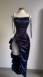 Sexy Sheath Column Spaghetti Straps Navy Blue Backless Satin Classy Prom Dress