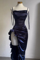 Sexy Sheath Column Spaghetti Straps Navy Blue Backless Satin Evening Prom Dress