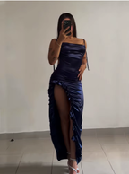 Sexy Sheath Column Spaghetti Straps Navy Blue Backless Satin Classy Prom Dress