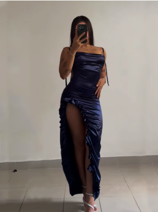 Sexy Sheath Column Spaghetti Straps Navy Blue Backless Satin Classy Prom Dress