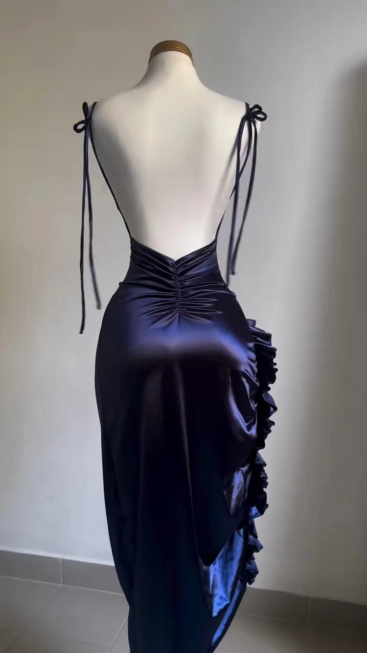 Sexy Sheath Column Spaghetti Straps Navy Blue Backless Satin Classy Prom Dress Main image