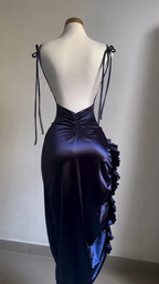 Sexy Sheath Column Spaghetti Straps Navy Blue Backless Satin Classy Prom Dress