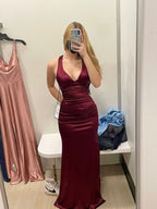Sexy Sheath Halter V Neckline Burgundy Satin Slit Party Dress Long Classy Prom Dress