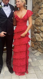 Sexy Sheath Lace Red Classy Prom Dress Ruffles Party Dress