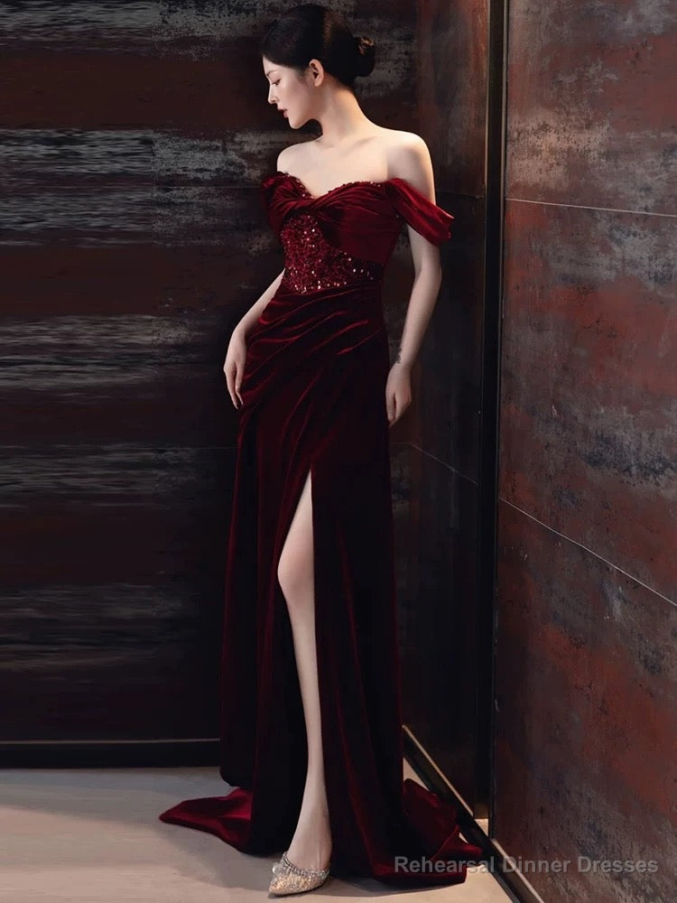 Sexy Sheath Off The Shoulder Burgundy Velvet Floor Length Evening Dress Prom Dresses Main image