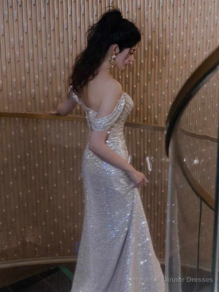 Sexy Sheath Off The Shoulder Sequin Slit Floor Length Evening Dress Prom Dresses