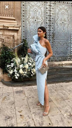 Sexy Sheath One Shoulder Light Sky Blue Long Classy Prom Dress