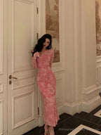 Sexy Sheath Pink Floral Long Sleeves Prom Dresses Birthday Outfits