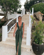 Sexy Sheath V Neckline Green Long Classy Prom Dress