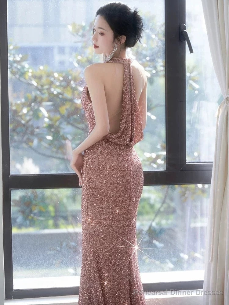 Sexy Sheath V Neckline Sequin Rose Pink Floor Length Evening Dress Prom Dresses