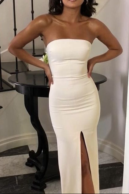 Sexy Side Slit Strapless Classy Evening Party Dress, Simple Long Classy Prom Dress