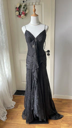 Sexy Silver-Black Mermaid Ruffled Deep V Halter Shimmering Long Classy Prom Dress