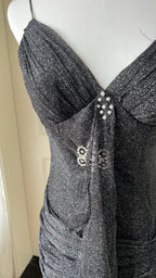 Sexy Silver-Black Mermaid Ruffled Deep V Halter Shimmering Long Classy Prom Dress