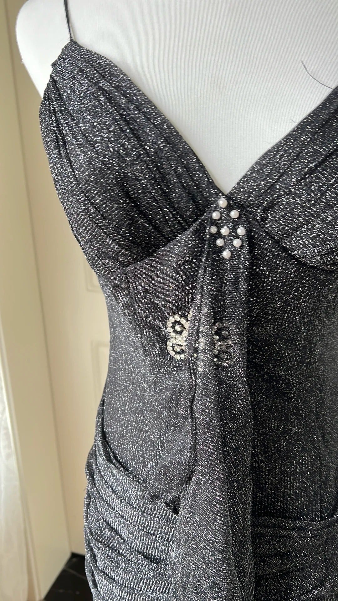 Sexy Silver-Black Mermaid Ruffled Deep V Halter Shimmering Long Classy Prom Dress