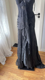 Sexy Silver-Black Mermaid Ruffled Deep V Halter Shimmering Long Classy Prom Dress