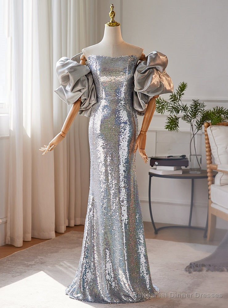 Sexy Silver Mermaid Sequins Strapless Prom Dress
