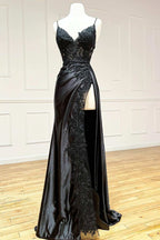 Sexy Mermaid Spaghetti Strap Sleeveless Long Split Classy Prom Dress With Embroidered