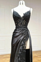 Sexy Mermaid Spaghetti Strap Sleeveless Long Split Classy Prom Dress With Embroidered