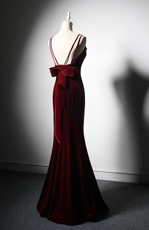 Elegant Burgundy Spaghetti Straps Velvet Mermaid Classy Prom Dress Classy Evening Dress